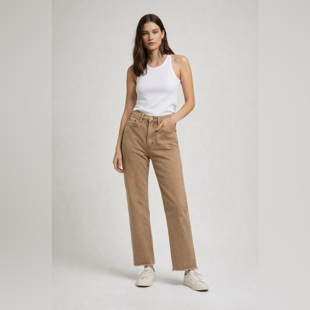 Re/Done Jeans Tan High Waist Tapered Leg Cotton Blend Raw Hem Size 27 Euc